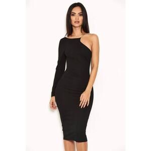 CBR Bodycon Midi Dress Size S Black One Shoulder Chain Neck